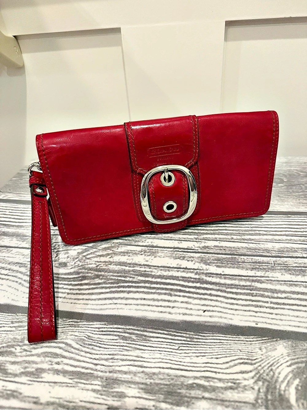 Coach Legacy Buckle Leather Wristlet Wallet Red